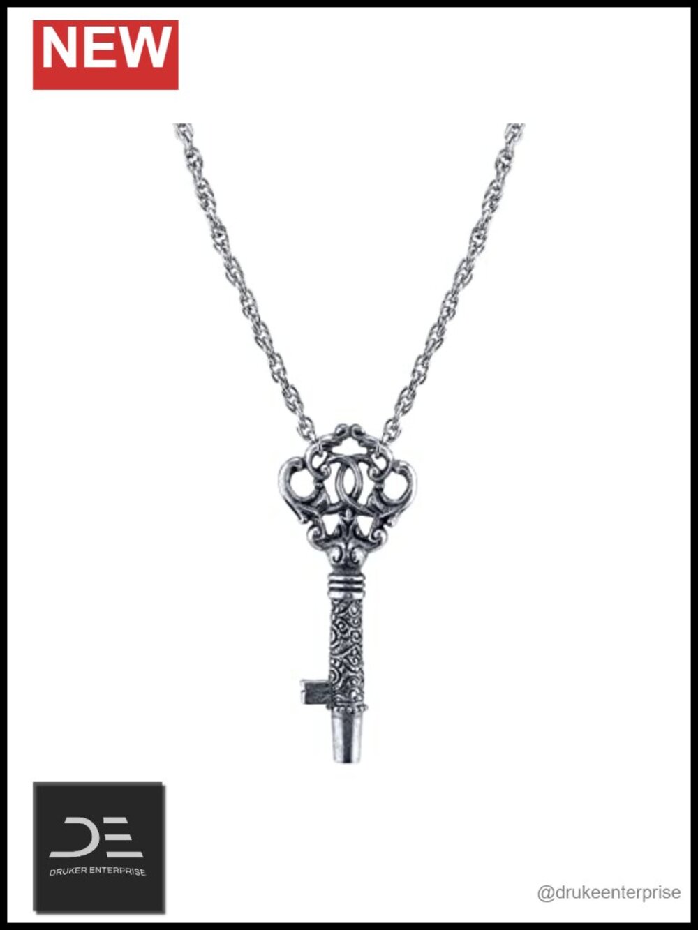 Vintage Antiqued Pewter Tone Key Whistle Pendant Necklace 30 Inch Functional
